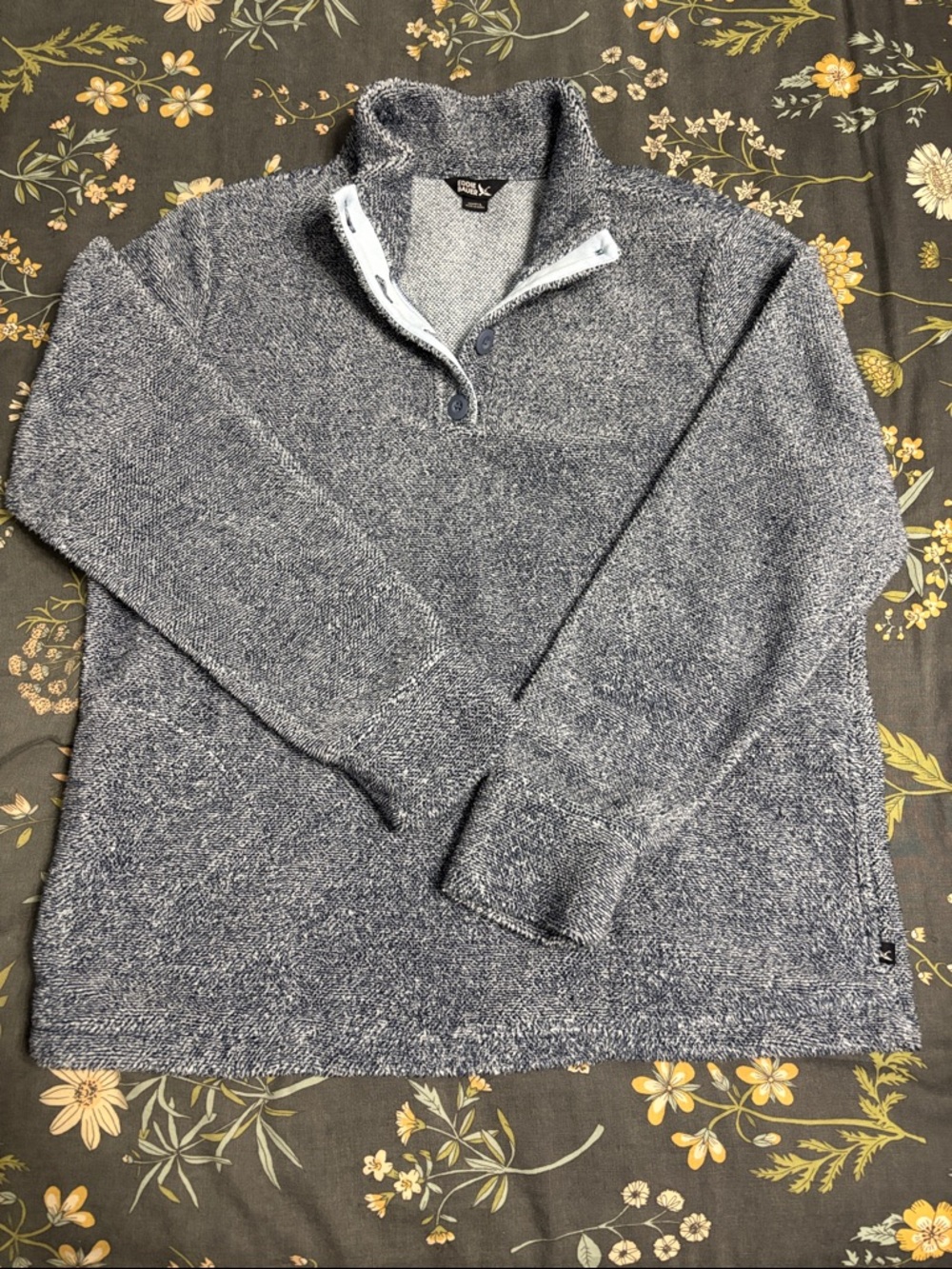 Eddie Bauer Heathered Navy Button Collared Fleece Pocket Sweater Size Large